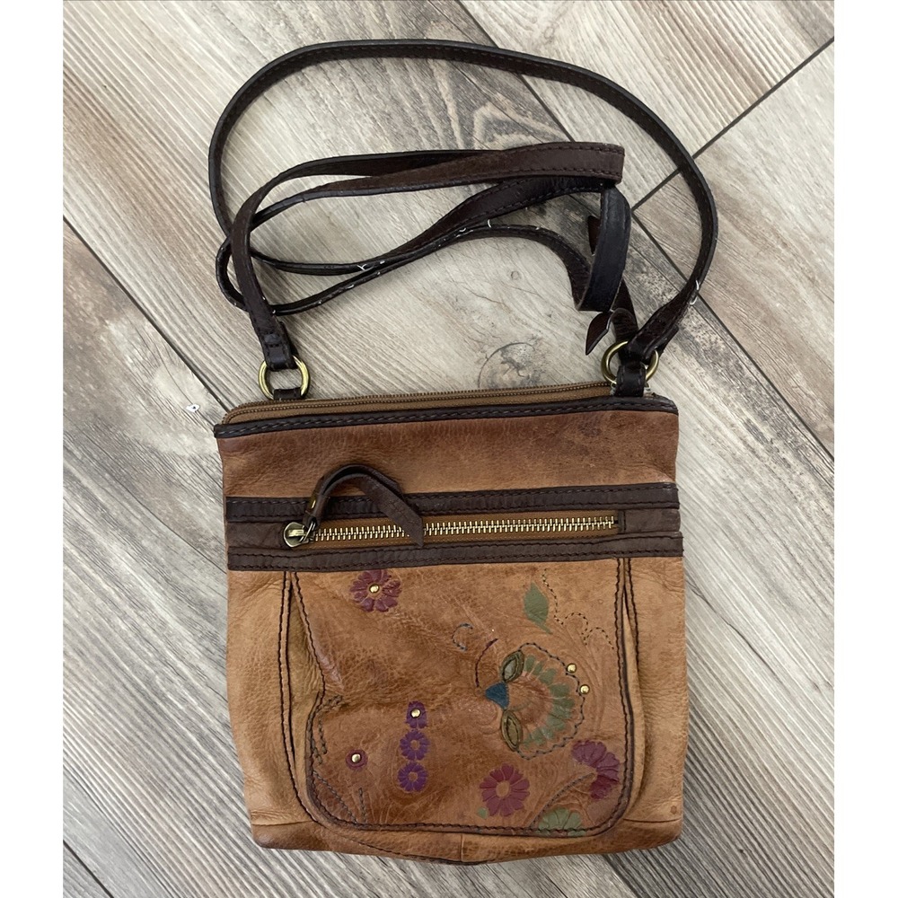 VTG Fossil Sasha‎ Flower Embossed Tooled Leather Crossbody Purse Bag zippers